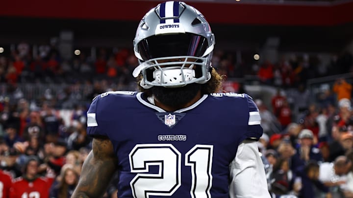 Jan 16, 2023; Tampa, Florida, USA; Dallas Cowboys running back Ezekiel Elliott (21) before the wild