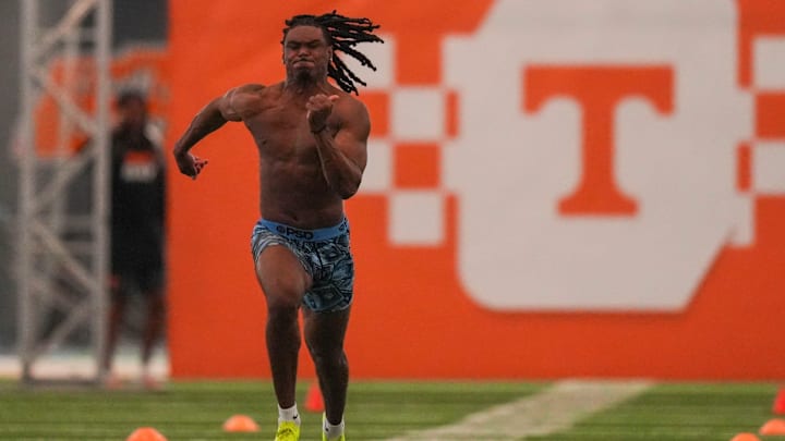 Jermod McCoy runs during Tennessee Football Pro Day 2026, at University of Tennessee on March 31, 2026.
