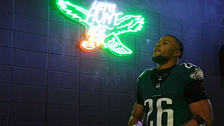 Philadelphia Eagles running back Saquon Barkley (26) walks in the tunnel before the NFC Championship game at Lincoln Financial Field.