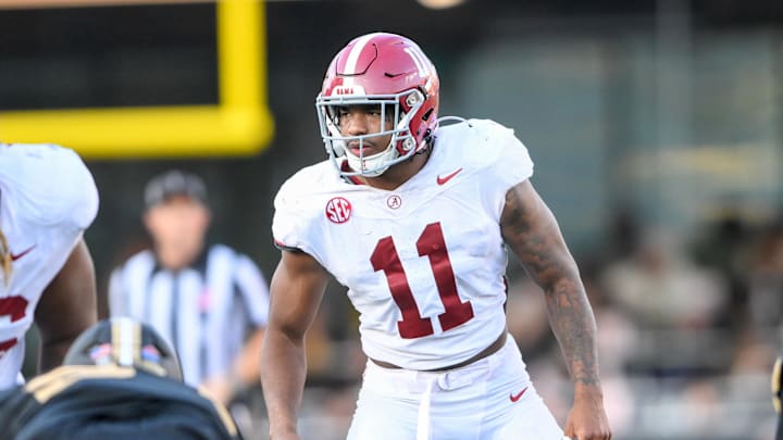 Oct 5, 2024; Nashville, Tennessee, USA; Alabama Crimson Tide linebacker Jihaad Campbell (11) sneaks a peek into the back field against the Vanderbilt Commodores during the second half at FirstBank Stadium. Mandatory Credit: Steve Roberts-Imagn Images Oct 5, 2024; Nashville, Tennessee, USA; Alabama Crimson Tide linebacker Jihaad Campbell (11) sneaks a peek into the back field against the Vanderbilt Commodores during the second half at FirstBank Stadium. Mandatory Credit: Steve Roberts-Imagn Images