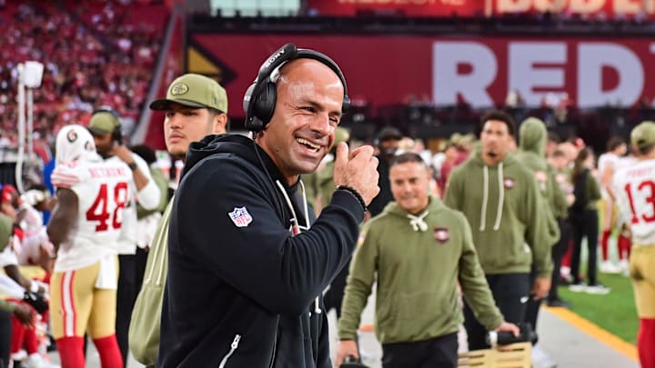 Nov 16, 2025; Glendale, Arizona, USA; San Francisco 49ers defensive coordinator Robert Saleh reacts after defeating the Arizona Cardinals at State Farm Stadium. Mandatory Credit: Matt Kartozian-Imagn Images
