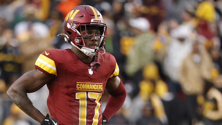Nov 10, 2024; Landover, Maryland, USA; Washington Commanders wide receiver Terry McLaurin (17) looks on from the field during final minute of the game against the Pittsburgh Steelers at Northwest Stadium. Mandatory Credit: Amber Searls-Imagn Images