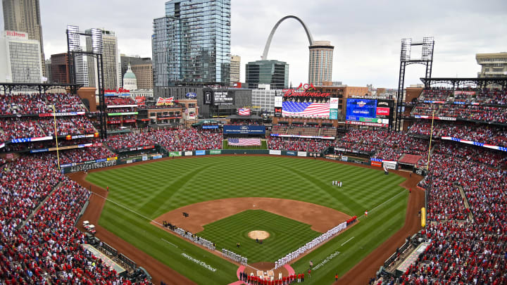 Apr 7, 2022; St. Louis, Missouri, USA; A general view of the National Anthem before Opening Day between the St. Louis Cardinals and the Pittsburgh Pirates at Busch Stadium. Mandatory Credit: Jeff Curry-USA TODAY Sports Apr 7, 2022; St. Louis, Missouri, USA; A general view of the National Anthem before Opening Day between the St. Louis Cardinals and the Pittsburgh Pirates at Busch Stadium. Mandatory Credit: Jeff Curry-USA TODAY Sports