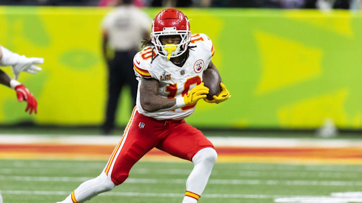 Feb 9, 2025; New Orleans, LA, USA;  Kansas City Chiefs running back Isiah Pacheco (10) against the Philadelphia Eagles in Super Bowl LIX at Ceasars Superdome. Mandatory Credit: Mark J. Rebilas-Imagn Images