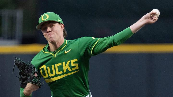 Oregon’s Miles Gosztola pitches against George Mason in the sixth inning Feb. 13, 2026 at PK Park in Eugene.