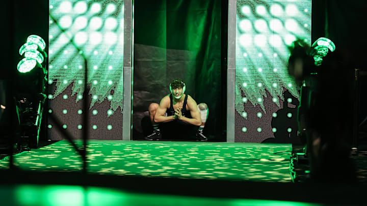 Penn State Nittany Lions wrestler Mitchell Mesenbrink enters the arena before his match with Iowa State Cyclones David Carr at the 2024 NCAA Wrestling Championships. 