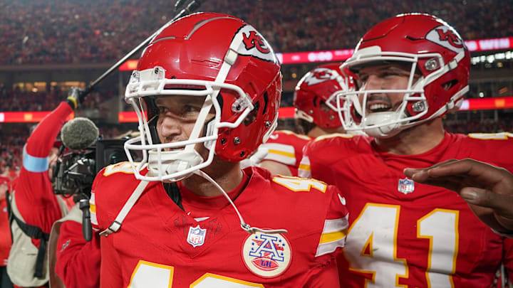 Dec 8, 2024; Kansas City, Missouri, USA; Kansas City Chiefs place kicker Matthew Wright (49) celebrates with long snapper James Winchester (41) after the win over the Los Angeles Chargers at GEHA Field at Arrowhead Stadium. Mandatory Credit: Denny Medley-Imagn Images Dec 8, 2024; Kansas City, Missouri, USA; Kansas City Chiefs place kicker Matthew Wright (49) celebrates with long snapper James Winchester (41) after the win over the Los Angeles Chargers at GEHA Field at Arrowhead Stadium. Mandatory Credit: Denny Medley-Imagn Images