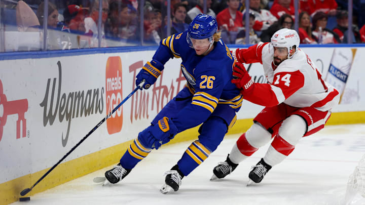 Dec 5, 2023; Buffalo, New York, USA;  Buffalo Sabres defenseman Rasmus Dahlin (26) goes after a