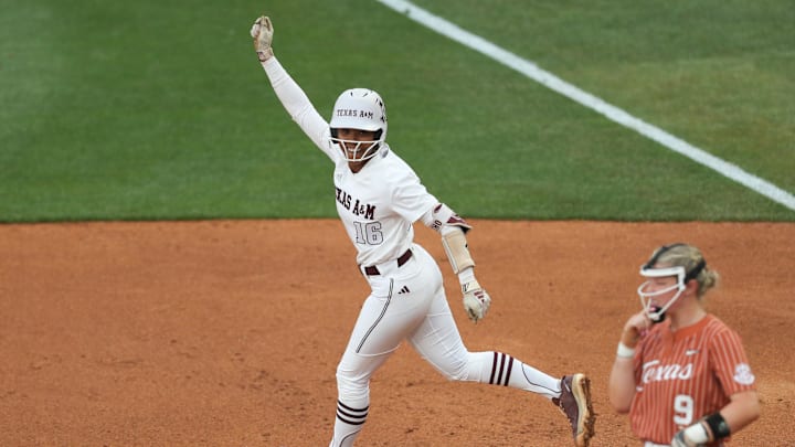 May 9, 2025; Athens, GA, USA; Texas A&M infielder KK Dement (16) reacts to her home run during a game against Texas at Jack Turner Stadium. Mandatory Credit: Mady Mertens-Imagn Images