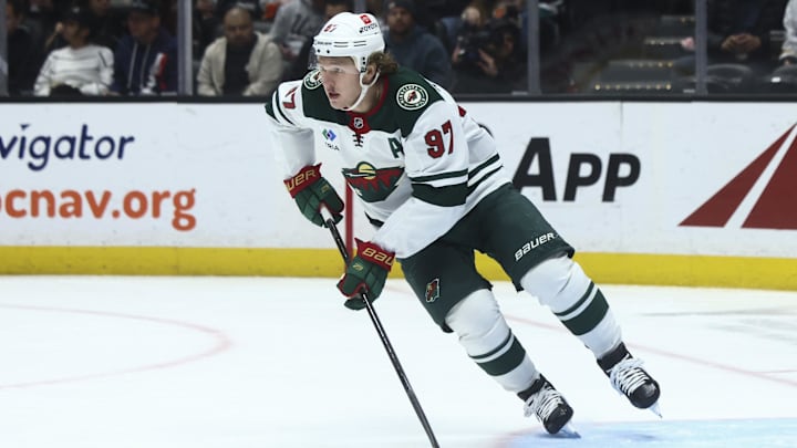Nov 8, 2024; Anaheim, California, USA; Minnesota Wild left wing Kirill Kaprizov (97) skates during the second period of a hockey game against the Anaheim Ducks at Honda Center. Mandatory Credit: Jessica Alcheh-Imagn Images