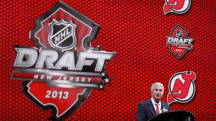 New Jersey Devils chairman Jeff Vanderbeek speaks before the 2013 NHL Draft at the Prudential Center. Mandatory Credit: Ed Mulholland-Imagn Images