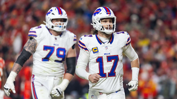 Jan 26, 2025; Kansas City, MO, USA; Buffalo Bills quarterback Josh Allen (17) and offensive tackle Spencer Brown (79) against the Kansas City Chiefs during the AFC Championship game at GEHA Field at Arrowhead Stadium.