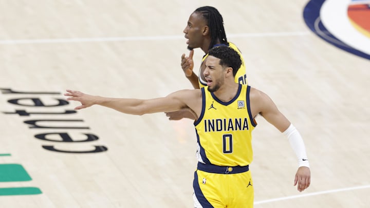 Jun 22, 2025; Oklahoma City, Oklahoma, USA; Indiana Pacers guard Tyrese Haliburton (0) reacts after a play against the Oklahoma City Thunder during the first half of game seven of the 2025 NBA Finals at Paycom Center. Mandatory Credit: Alonzo Adams-Imagn Images