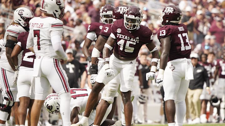 Oct 28, 2023; College Station, Texas, USA; Texas A&M Aggies linebacker Edgerrin Cooper (45)