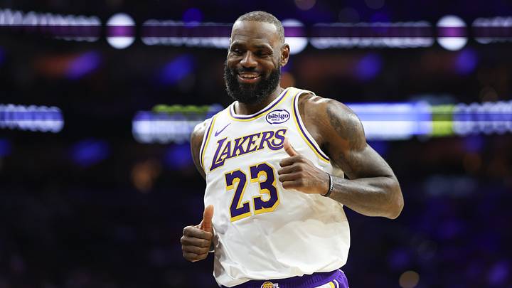 Dec 7, 2025; Philadelphia, Pennsylvania, USA; Los Angeles Lakers forward Lebron James (23) reacts after a play against the Philadelphia 76ers during the second quarter at Xfinity Mobile Arena. Mandatory Credit: Bill Streicher-Imagn Images