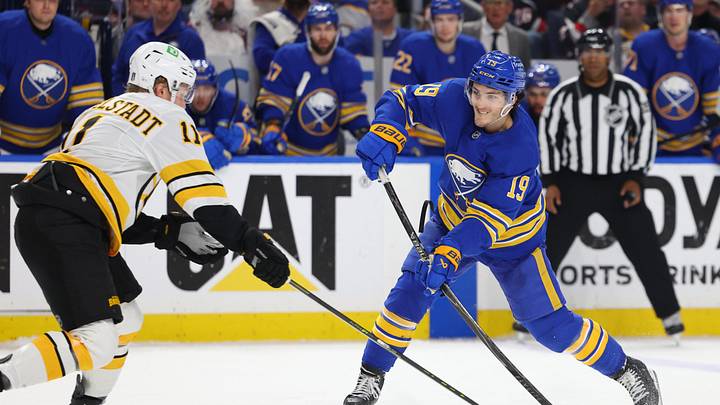 Apr 28, 2026; Buffalo, New York, USA; Boston Bruins center Casey Mittelstadt (11) tries to block a shot by Buffalo Sabres center Peyton Krebs (19) during overtime in game five of the first round of the 2026 Stanley Cup Playoffs at KeyBank Center. Mandatory Credit: Timothy T. Ludwig-Imagn Images Apr 28, 2026; Buffalo, New York, USA; Boston Bruins center Casey Mittelstadt (11) tries to block a shot by Buffalo Sabres center Peyton Krebs (19) during overtime in game five of the first round of the 2026 Stanley Cup Playoffs at KeyBank Center. Mandatory Credit: Timothy T. Ludwig-Imagn Images