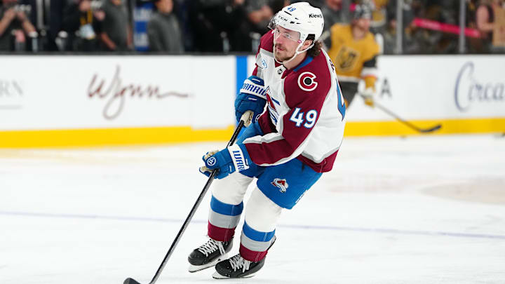Dec 27, 2025; Las Vegas, Nevada, USA; Colorado Avalanche defenseman Samuel Girard (49) warms up before a game against the Vegas Golden Knights at T-Mobile Arena. Mandatory Credit: Stephen R. Sylvanie-Imagn Images