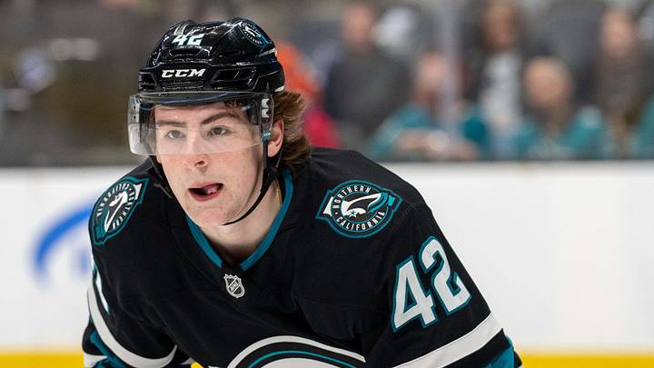 Mar 20, 2025; San Jose, California, USA; San Jose Sharks defenseman Luca Cagnoni (42) during the first period at SAP Center at San Jose. Mandatory Credit: Neville E. Guard-Imagn Images