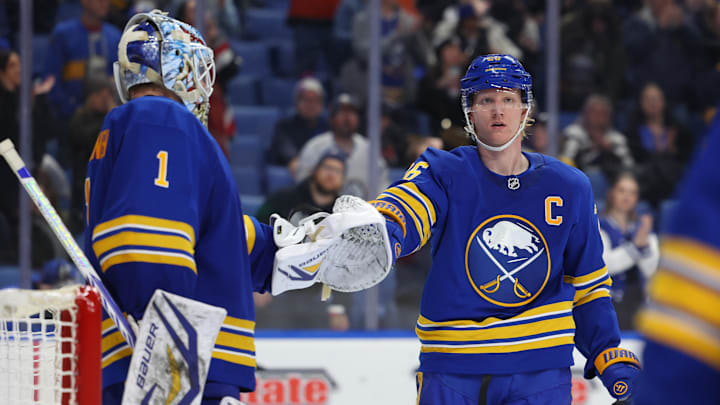 Jan 14, 2026; Buffalo, New York, USA;  Buffalo Sabres goaltender Ukko-Pekka Luukkonen (1) and defenseman Rasmus Dahlin (26) celebrate a win over the Philadelphia Flyers at KeyBank Center. Mandatory Credit: Timothy T. Ludwig-Imagn Images