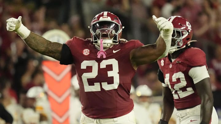 Sep 6, 2025; Tuscaloosa, Alabama, USA;  Alabama defensive lineman James Smith (23) celebrates after making a tackle for a loss against UL Monroe at Saban Field at Bryant-Denny Stadium. Mandatory Credit: Gary Cosby Jr.-Imagn Images