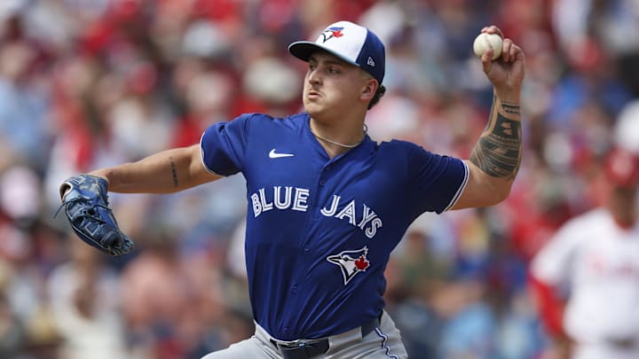 Mar 9, 2024; Clearwater, Florida, USA;  Toronto Blue Jays pitcher Ricky Tiedemann (70) throws a pitch against the Philadelphia Phillies in the second inning at BayCare Ballpark. Mandatory Credit: Nathan Ray Seebeck-Imagn Images