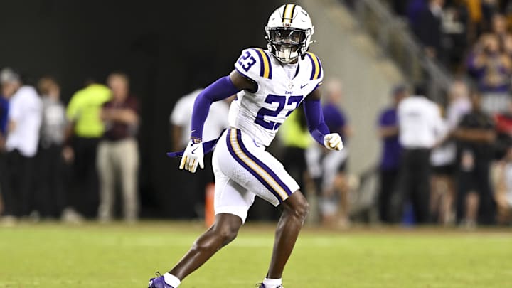Oct 26, 2024; College Station, Texas, USA; LSU Tigers safety Kylin Jackson (23) in action against the Texas A&M Aggies during the third quarter. The Aggies defeated the Tigers 38-23; at Kyle Field. Mandatory Credit: Maria Lysaker-Imagn Images.