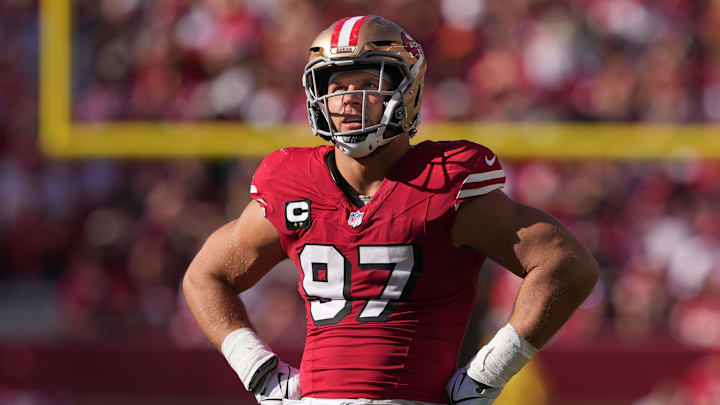 Oct 6, 2024; Santa Clara, California, USA; San Francisco 49ers defensive end Nick Bosa (97) during the fourth quarter against the Arizona Cardinals at Levi's Stadium. Mandatory Credit: Darren Yamashita-Imagn Images Oct 6, 2024; Santa Clara, California, USA; San Francisco 49ers defensive end Nick Bosa (97) during the fourth quarter against the Arizona Cardinals at Levi's Stadium. Mandatory Credit: Darren Yamashita-Imagn Images