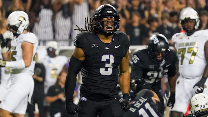 Oct 4, 2025; Fort Worth, Texas, USA; TCU Horned Frogs linebacker Kaleb Elarms-Orr (3) reacts after a defensive play against the Colorado Buffaloes during the second half at Amon G. Carter Stadium. Mandatory Credit: Raymond Carlin III-Imagn Images