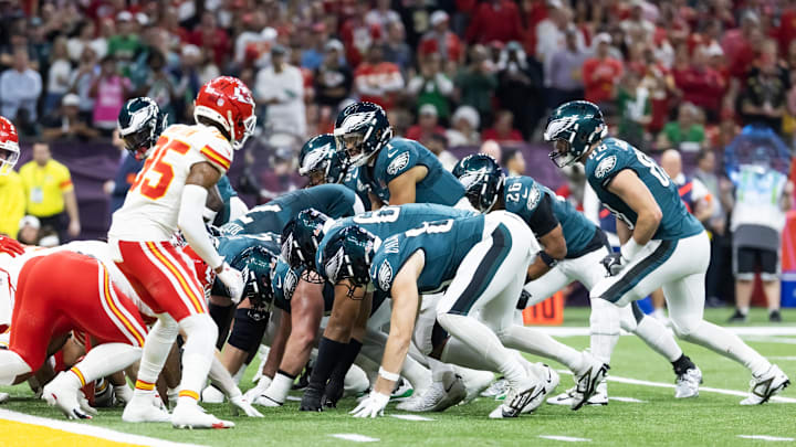 Philadelphia Eagles  quarterback Jalen Hurts (1) lines up for the tush push play on the goal line against the Kansas City Chiefs during Super Bowl LIX at Ceasars Superdome. 
