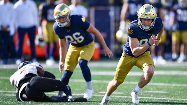 Former South Carolina football kicker Mitch Jeter chasing the first of his two blocked kicks in Notre Dame's loss to NIU