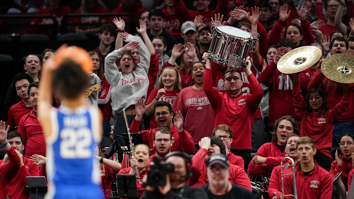 Mar 24, 2024; Columbus, OH, USA; Ohio State Buckeyes fans and the band try to disrupt the free throw attempt by Duke Blue Devils guard Taina Mair (22) during the first half of the women’s NCAA Tournament second round at Value City Arena.