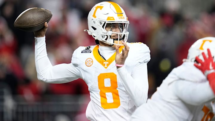 Tennessee Volunteers QB Nico Iamaleava throws during the second half of the College Football Playoff first-round game against the Ohio State Buckeyes.