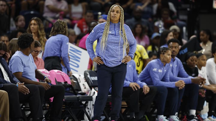 Aug 30, 2024; Chicago, Illinois, USA; Chicago Sky head coach Teresa Weatherspoon looks on from the sideline during the first half of a basketball game against the Indiana Fever at Wintrust Arena. Mandatory Credit: Kamil Krzaczynski-Imagn Images Aug 30, 2024; Chicago, Illinois, USA; Chicago Sky head coach Teresa Weatherspoon looks on from the sideline during the first half of a basketball game against the Indiana Fever at Wintrust Arena. Mandatory Credit: Kamil Krzaczynski-Imagn Images