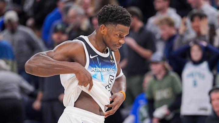 Feb 12, 2025; Minneapolis, Minnesota, USA; Minnesota Timberwolves guard Anthony Edwards (5) walks off the court after losing to the Milwaukee Bucks at Target Center. Mandatory Credit: Brad Rempel-Imagn Images