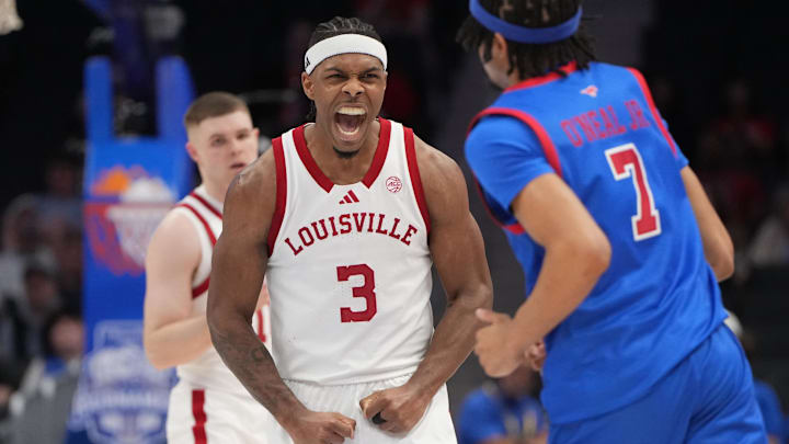 Mar 11, 2026; Charlotte, NC, USA; Louisville Cardinals guard Ryan Conwell (3) reacts late in the second half at Spectrum Center. Mandatory Credit: Bob Donnan-Imagn Images