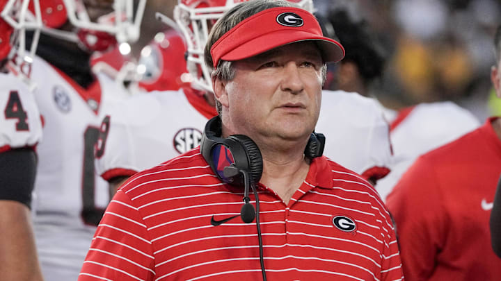 Oct 1, 2022; Columbia, Missouri, USA; Georgia Bulldogs head coach Kirby Smart on the sidelines against the Missouri Tigers during the game at Faurot Field at Memorial Stadium. Mandatory Credit: Denny Medley-Imagn Images