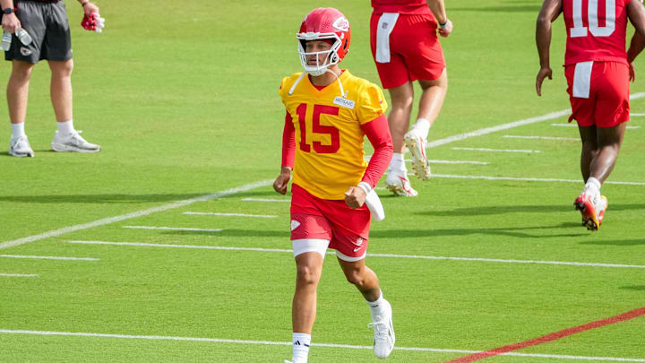 Jul 22, 2025; St. Joseph, MO, USA; Kansas City Chiefs quarterback Patrick Mahomes (15) on field during training camp at Missouri Western State University. Mandatory Credit: Denny Medley-Imagn Images Jul 22, 2025; St. Joseph, MO, USA; Kansas City Chiefs quarterback Patrick Mahomes (15) on field during training camp at Missouri Western State University. Mandatory Credit: Denny Medley-Imagn Images