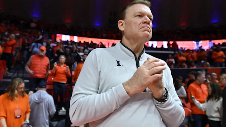 Feb 15, 2026; Champaign, Illinois, USA;  Illinois Fighting Illini head coach Brad Underwood before  the first half against the Indiana Hoosiers at State Farm Center. Mandatory Credit: Ron Johnson-Imagn Images