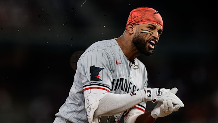 Jul 18, 2025; Denver, Colorado, USA; Minnesota Twins right fielder Willi Castro (50) reacts as he rounds the bases on a three run home run in the seventh inning against the Colorado Rockies at Coors Field. Mandatory Credit: Isaiah J. Downing-Imagn Images