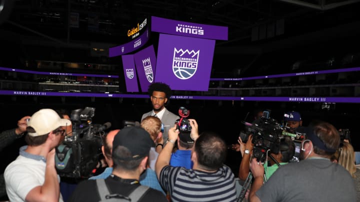 Jun 23, 2018; Sacramento, CA, USA; Sacramento Kings number two overall draft pick Marvin Bagley III speaks with the media during an introduction press conference at Golden 1 Center. Mandatory Credit: Sergio Estrada-USA TODAY Sports Jun 23, 2018; Sacramento, CA, USA; Sacramento Kings number two overall draft pick Marvin Bagley III speaks with the media during an introduction press conference at Golden 1 Center. Mandatory Credit: Sergio Estrada-USA TODAY Sports
