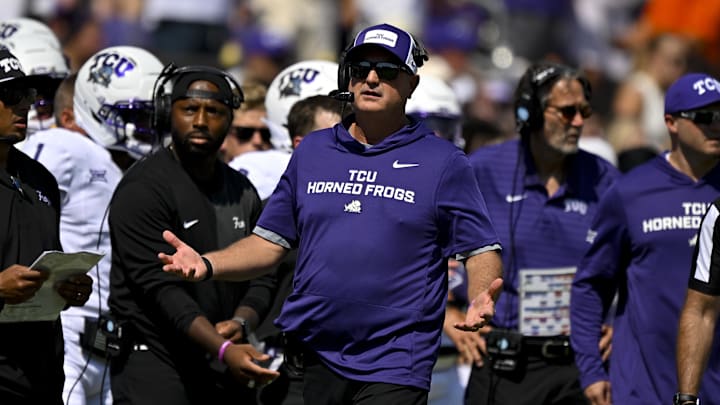 Sep 20, 2025; Fort Worth, Texas, USA; TCU Horned Frogs head coach Sonny Dykes reacts to a penalty during the first half against the SMU Mustangs at Amon G. Carter Stadium. Mandatory Credit: Jerome Miron-Imagn Images