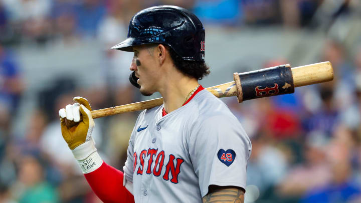 Aug 4, 2024; Arlington, Texas, USA; Boston Red Sox center fielder Jarren Duran (16) on deck during the game against the Texas Rangers at Globe Life Field. Mandatory Credit: Kevin Jairaj-USA TODAY Sports