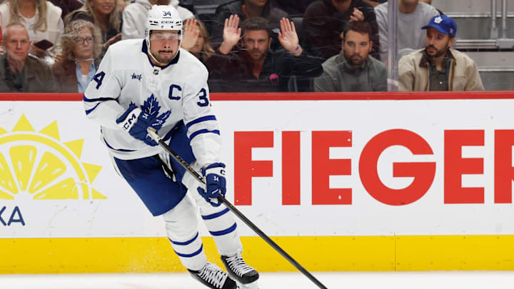 Oct 11, 2025; Detroit, Michigan, USA; Toronto Maple Leafs center Auston Matthews (34) skates with the puck in the third period against the Detroit Red Wings at Little Caesars Arena. Mandatory Credit: Rick Osentoski-Imagn Images Oct 11, 2025; Detroit, Michigan, USA; Toronto Maple Leafs center Auston Matthews (34) skates with the puck in the third period against the Detroit Red Wings at Little Caesars Arena. Mandatory Credit: Rick Osentoski-Imagn Images