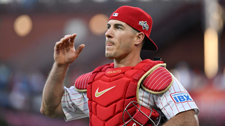 Oct 6, 2025; Philadelphia, Pennsylvania, USA; Philadelphia Phillies catcher J.T. Realmuto (10) walks to the dugout prior to game two of the NLDS round against the Los Angeles Dodgers for the 2025 MLB playoffs at Citizens Bank Park.
