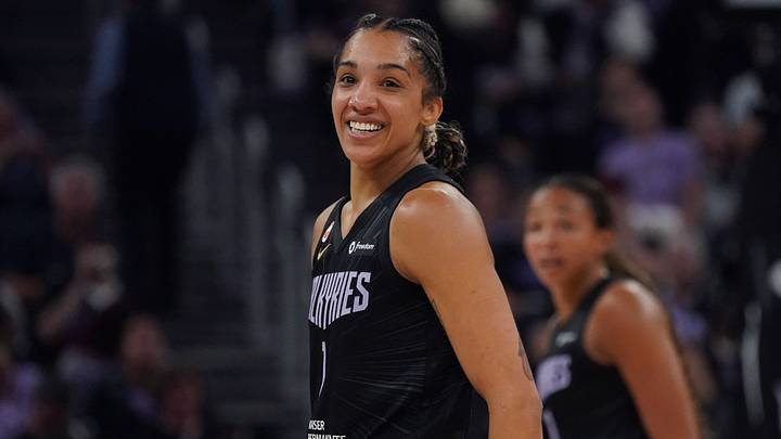 Aug 17, 2026; San Francisco, California, USA; Golden State Valkyries forward Gabby Williams (1) smiles as she waits for play to resume against the Dallas Wings in the second quarter at Chase Center. Mandatory Credit: David Gonzales-Imagn Images Aug 17, 2026; San Francisco, California, USA; Golden State Valkyries forward Gabby Williams (1) smiles as she waits for play to resume against the Dallas Wings in the second quarter at Chase Center. Mandatory Credit: David Gonzales-Imagn Images