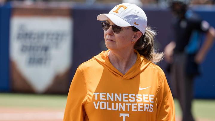 May 28, 2026; Oklahoma City, OK, USA;  Tennessee Lady Volunteers head coach Karen Weekly looks out over the field in the first inning against the Texas Longhorns  during the NCAA Women’s College World Series at Devon Park.  Tennessee won 6-3. Mandatory Credit: Brett Rojo-Imagn Images