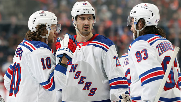 New York Rangers players Artemi Panarin, Chris Kreider and Mika Zibanejad