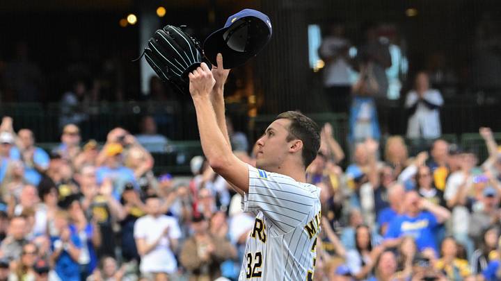 Sep 27, 2026; Milwaukee, Wisconsin, USA;  Milwaukee Brewers starting pitcher Jacob Misiorowski (32) tips his cap to fans after pitching in his last regular season game against the St. Louis Cardinals at American Family Field.  Mandatory Credit: Benny Sieu-Imagn Images