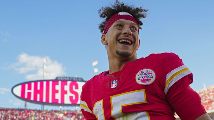 Nov 10, 2024; Kansas City, Missouri, USA; Kansas City Chiefs quarterback Patrick Mahomes (15) celebrates after defeating the Denver Broncos at GEHA Field at Arrowhead Stadium. Mandatory Credit: Jay Biggerstaff-Imagn Images