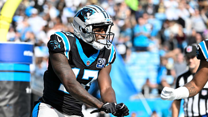 Nov 3, 2024; Charlotte, North Carolina, USA; Carolina Panthers wide receiver Xavier Legette (17) celebrates after making a touchdown catch in the second quarter at Bank of America Stadium. Mandatory Credit: Bob Donnan-Imagn Images Nov 3, 2024; Charlotte, North Carolina, USA; Carolina Panthers wide receiver Xavier Legette (17) celebrates after making a touchdown catch in the second quarter at Bank of America Stadium. Mandatory Credit: Bob Donnan-Imagn Images